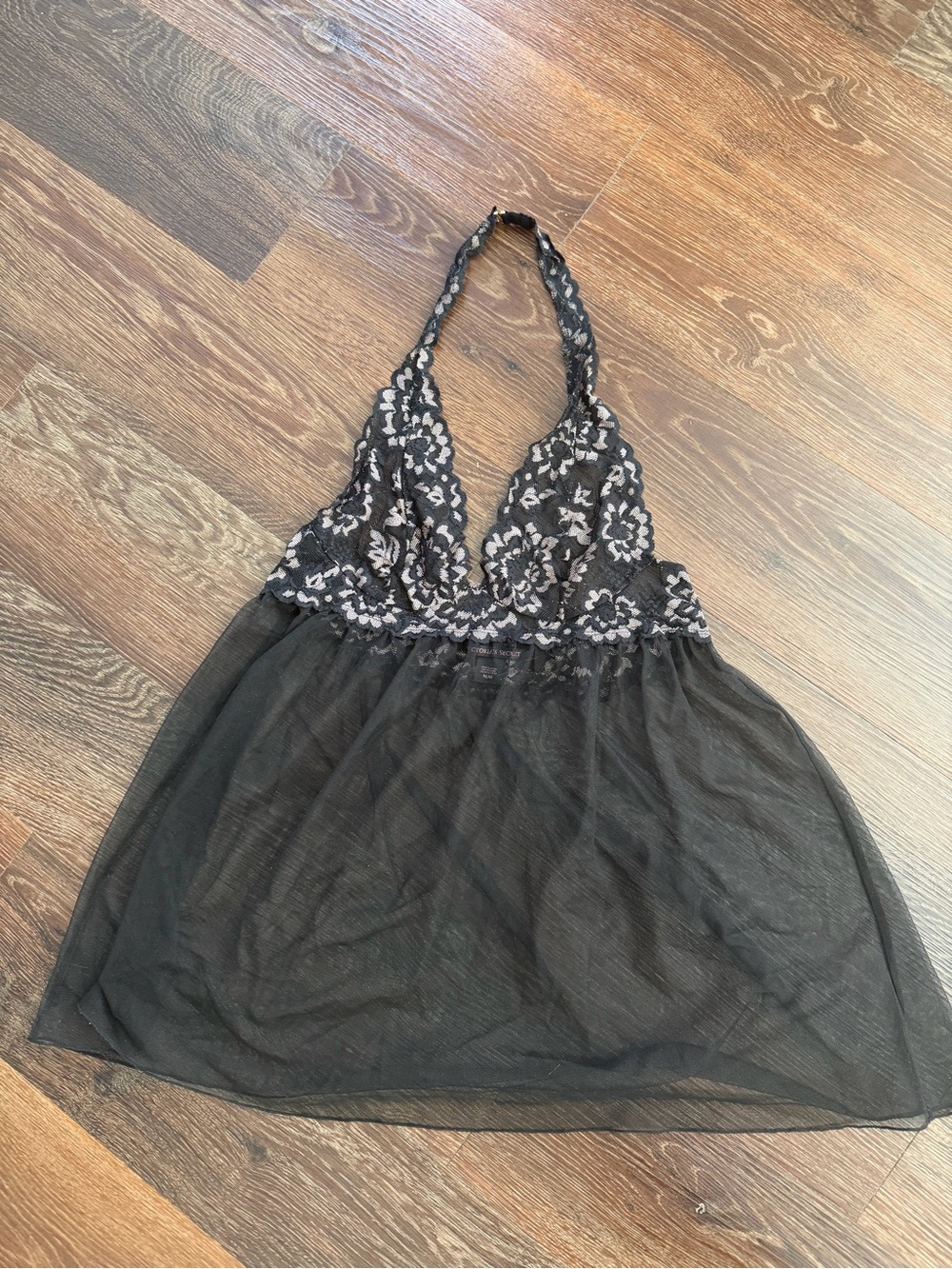 Victoria’s Secret Sheer Black Lace Halter Babydoll Chemise - Black